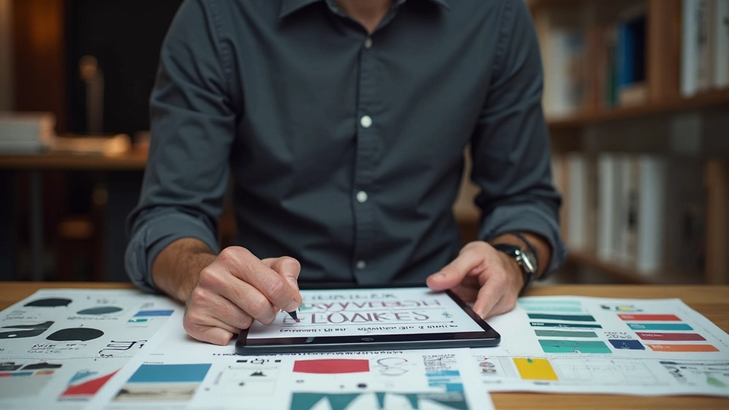 Ontwerper bestudeert typografische schalen en lettertypen op grafisch tablet met notities