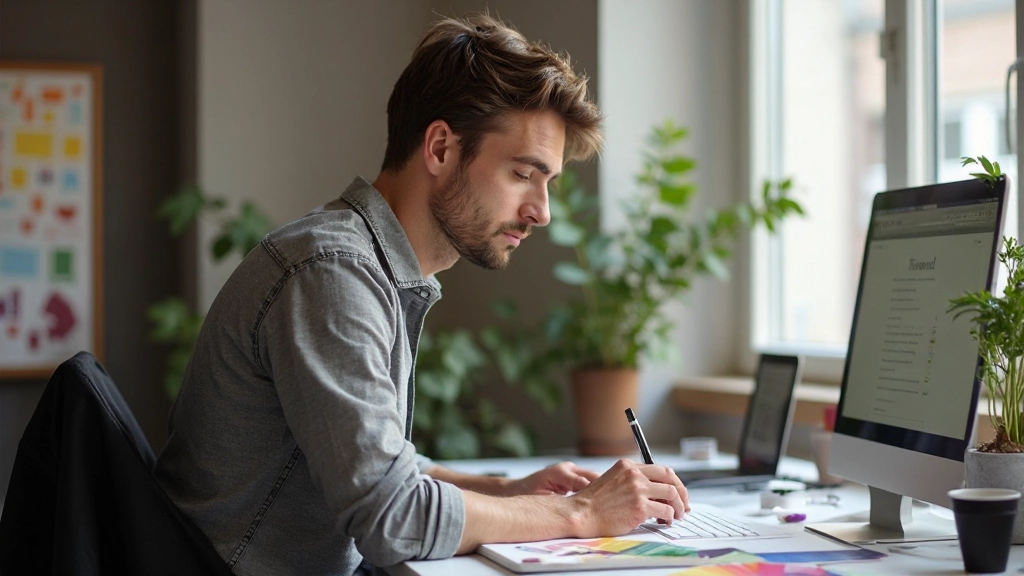 Designer aan het werk met kleurenpaletten op computerscherm en papieren notities met kleurtheorie notities