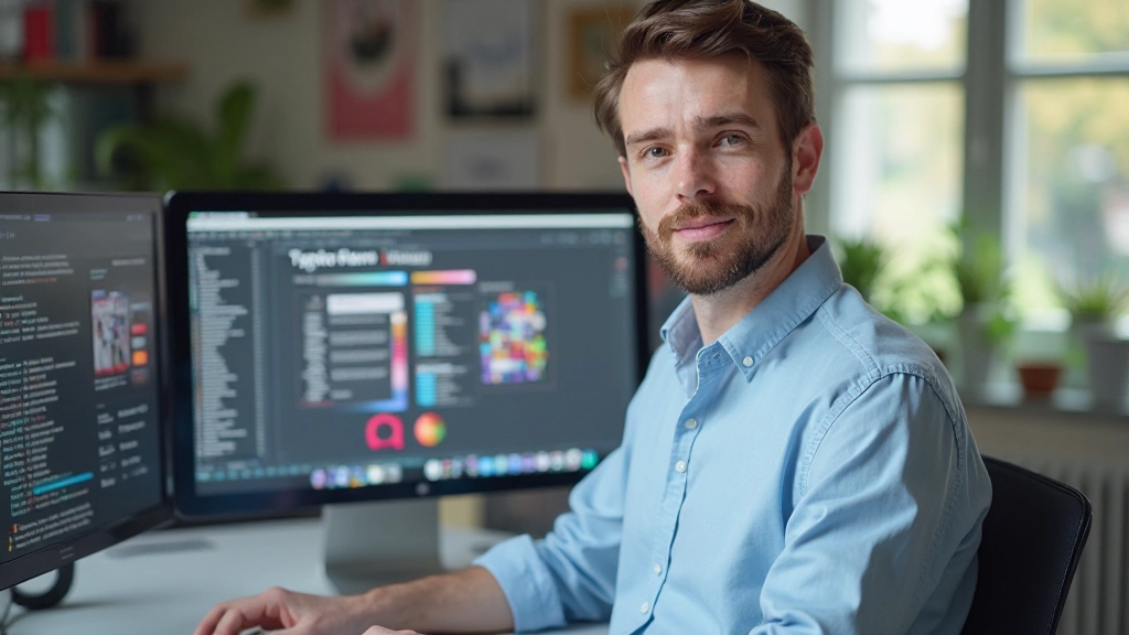 Designer werkt aan kleurschema en typografie op moderne werkplek met meerdere schermen en designtools