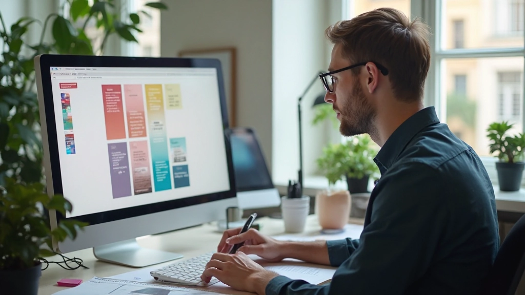 Kleurenpalet en kleurtheorie diagrammen getoond op computerscherm met aantekenboek